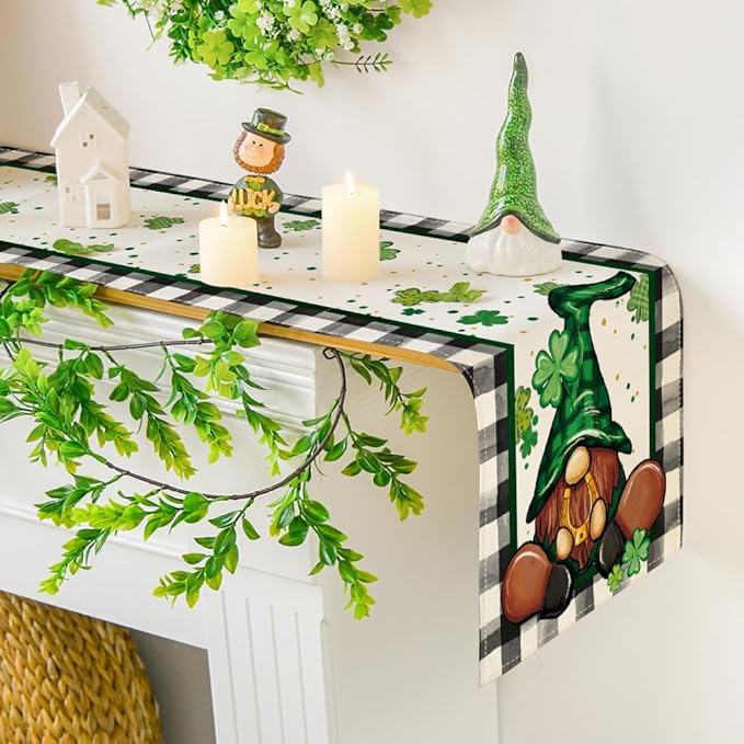 Artoid Mode Buffalo Plaid Shamrock Gnome St. Patrick's Day Table Runner, Seasonal Spring Holiday Kitchen Dining Table Decoration for Indoor Outdoor Home Party Decor 13 x 72 Inch