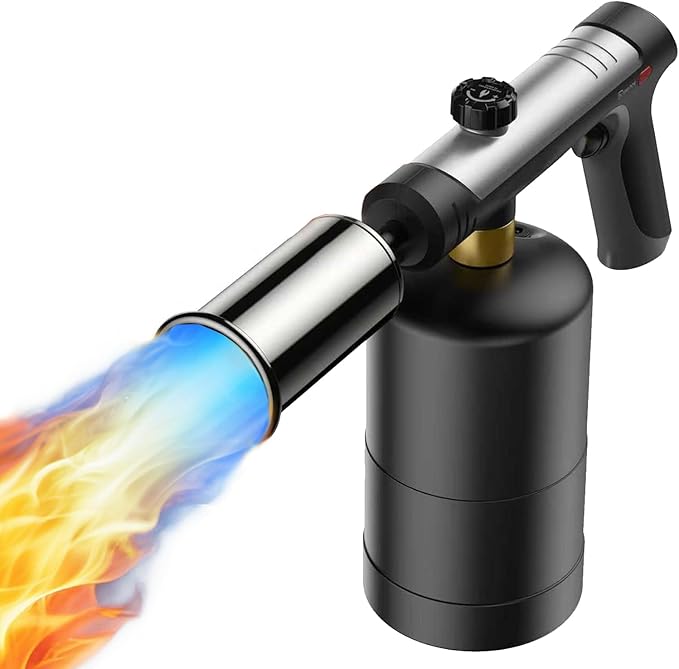 Powerful Propane Torch with One-Touch Max Fire, Kitchen Cooking Torch with Safety Lock, Adjustable Flamethrower Blow Torch for Grill, Sous Vide, BBQ, Campfire (Tank Not Included)