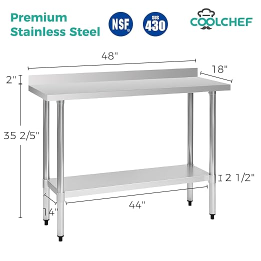 Stainless Steel Work Table 18 x 48 Inch, NSF Commercial Prep Table with Undershelf, Heavy Duty Food Prep Workstation with Backsplash