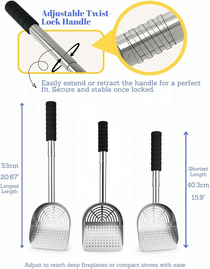 Adjustable Ash Scoop Shovel with Sifter Holes, 16–21 Inch Extendable Handle – Heavy-Duty Metal Coal Shovel for Fireplace, Wood Stove, Fire Pit, and BBQ (1, Round-Hole Sifter)