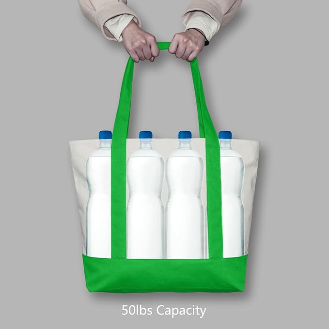 TOPDesign 6-Pack Canvas Tote Bags with an External Pocket, Reusable Grocery Shopping Bags, Top Zipper Closure, Daily Essentials (Lime Green/Natural)