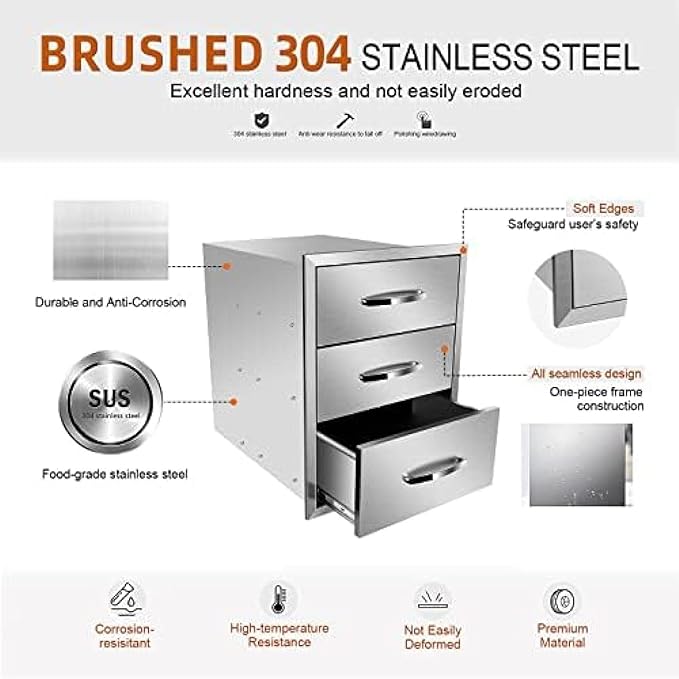 Stainless Steel Outdoor Kitchen Drawers - 3-Drawer BBQ Drawer, Built-in, Flush Mount for Outdoor Kitchens & BBQ Islands, 18Wx23Dx23H-3L