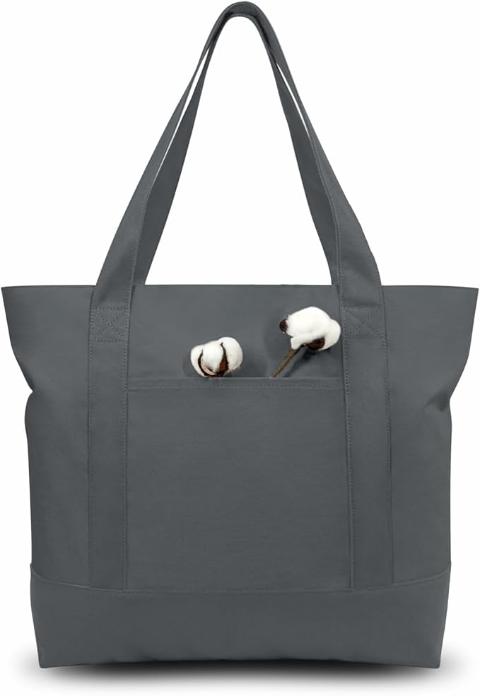 TOPDesign 6-Pack Canvas Tote Bags with an External Pocket, Reusable Grocery Shopping Bags, Top Zipper Closure, Daily Essentials (Grey)