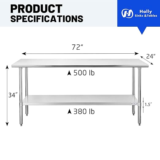 Hally Stainless Steel Table for Prep & Work 24 x 72 Inches, NSF Commercial Heavy Duty Table with Undershelf and Galvanized Legs for Restaurant, Home and Hotel