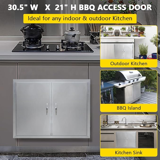 30.5"x21" Brushed Stainless Steel BBQ Access Door, Double Door with Magnetic Catch for Outdoor Kitchen & Grill Island Cabinet
