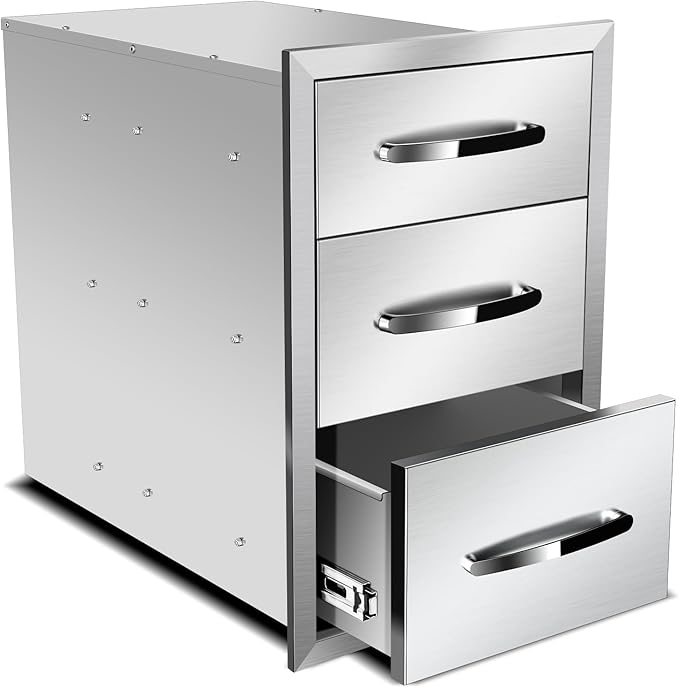 Outdoor Kitchen Drawers, Box Frame Style Flush Mount BBQ Drawer w/Stainless Steel Handle, BBQ Island Drawers For Patio Grill Station,Three Drawers