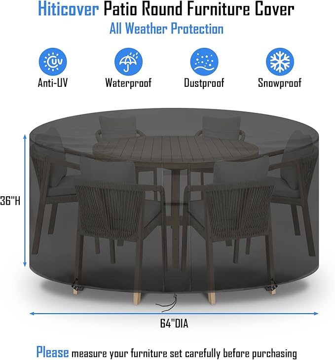 Round Patio Furniture Covers Waterproof, 64 Inch Outdoor HighRound Table Cover, Tall Bar Height Outside Table and Chairs Set Covers for Winter, Rainproof Fadeproof - 64" Dia x 36" H