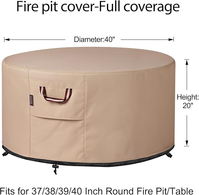 QH.HOME Fire Pit Cover Round-37-40 Inch Heavy Duty 900D Strong Tear-Resistant and UV Resistant and Waterproof and Fading Resistant Material Polyester Firepit Covers for Outdoor Fire Pit-Wheat