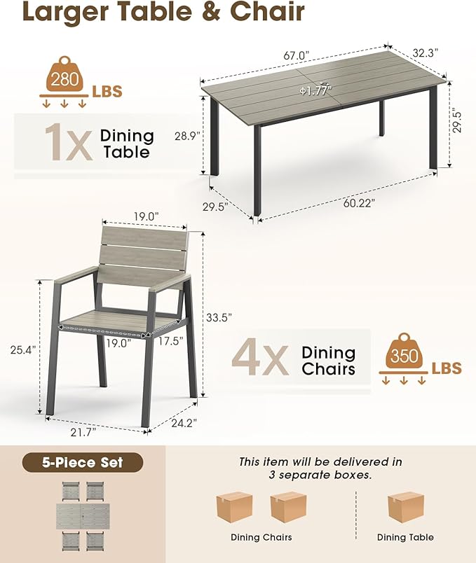 Outdoor Patio Dining set for 4，Aluminum & HDPS 5 Piece Patio Table and Chairs Set with Umbrella Hole, Modren Rectangular Patio Furniture Set with All-weather Table and 4 chairs (Classic Gray)