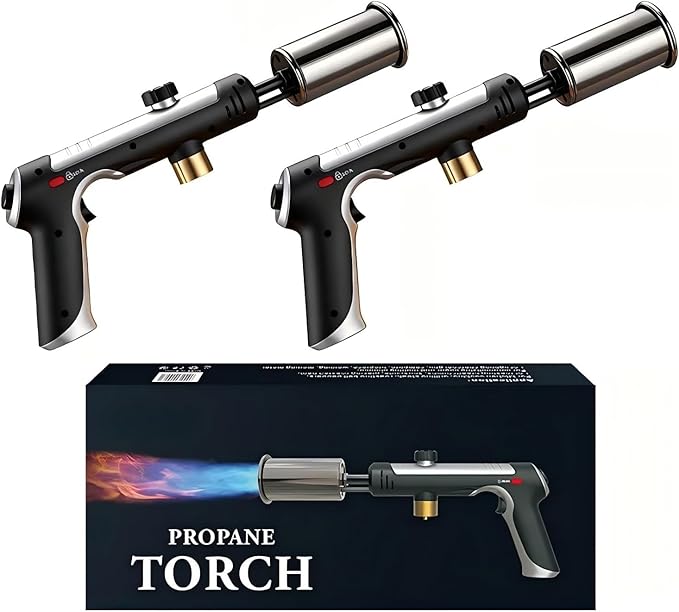 Propane Torch, Stainless Steel Torch Lighter, 3272°F Propane Torch Gun with Adjustable Flame & Safety Lock, for BBQ Grilling, Charcoal Igniting, Cooking, DIY Projects (2 Sets)