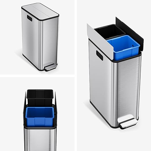 Garvee Kitchen Dual Trash Can, 15 gal Large Recycling Bin Garbage Can with Butterfly Lid, Fingerprint Resistant Stainless Steel Trash Bin for Kitchen, Living Room, Office (2 x 28 L)