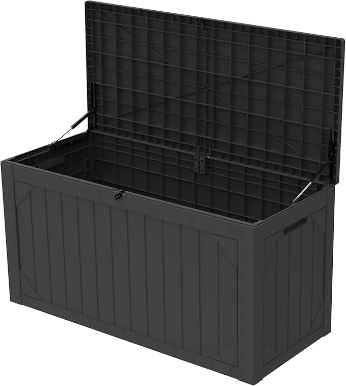 100 Gallon Resin Deck Box, Waterproof Outdoor Storage Box for Patio Furniture, Garden Tools, and Pool Accessories, Lockable UV-Resistant Storage Bin Bench Cabinet for Outside, Black