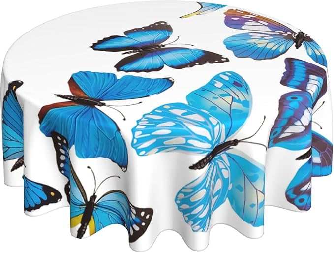 Bule Butterfly Round Tablecloth Beautiful - Butterfly Bule Tablecloth 60 Inch Waterproof Rustic Table Cloth Fabric Farmhouse Stripe Decorative for Picnic Party Holiday Home Indoor Outdoor