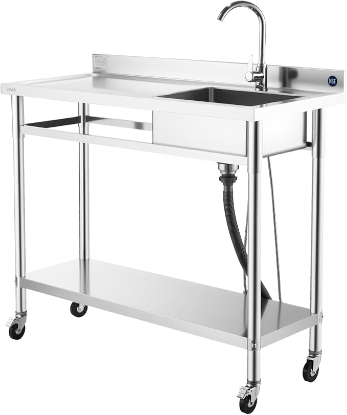 VEVOR Stainless Steel Utility Sink, Rolling Single Bowl Commercial Kitchen Sink with Wheels,Faucet and Hot & Cold Water Pipe,Utility Basin Workbench for Garage Restaurant Laundry 47.2 x 19.7 x 41.5 in