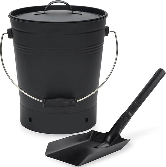 INNO STAGE Ash Bucket with Lid and Wood Handle Coal Shovel, Ash Carrier Pail Fireplace Tools,Fire Pit,Wood Burning Stove Black