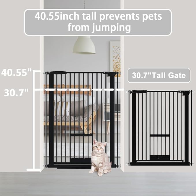 40.55" Tall 1.37" Ultra Narrow Spacing Dogs Pets Baby Gate with Door for Doorway Cat Safety Proof Indoor 57.68-73.43" Extra Wide Puppy Pressure Mounted No Drill White Black Metal Hallway