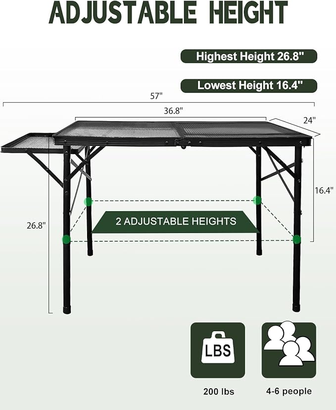4ft Folding BBQ Table with Wing Plate, Height Adjustable Metal Table with Small Charcoal Grill, Portable Outdoor Table Removable to Two Tables (Bright Black)