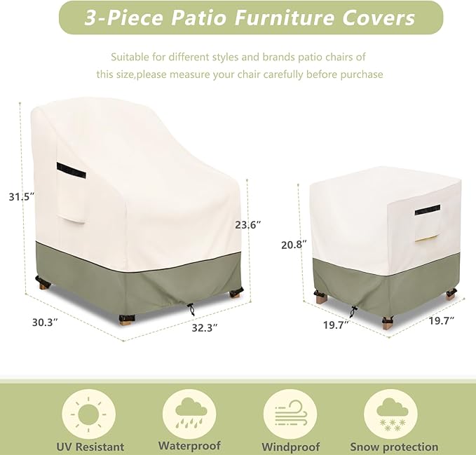 3-Piece Patio Furniture Covers Waterproof for Outdoor Bistro Set with Table & 2 Chair Covers, Heavy Duty 600D Outdoor Veranda Patio Garden Furniture Cover（Green）
