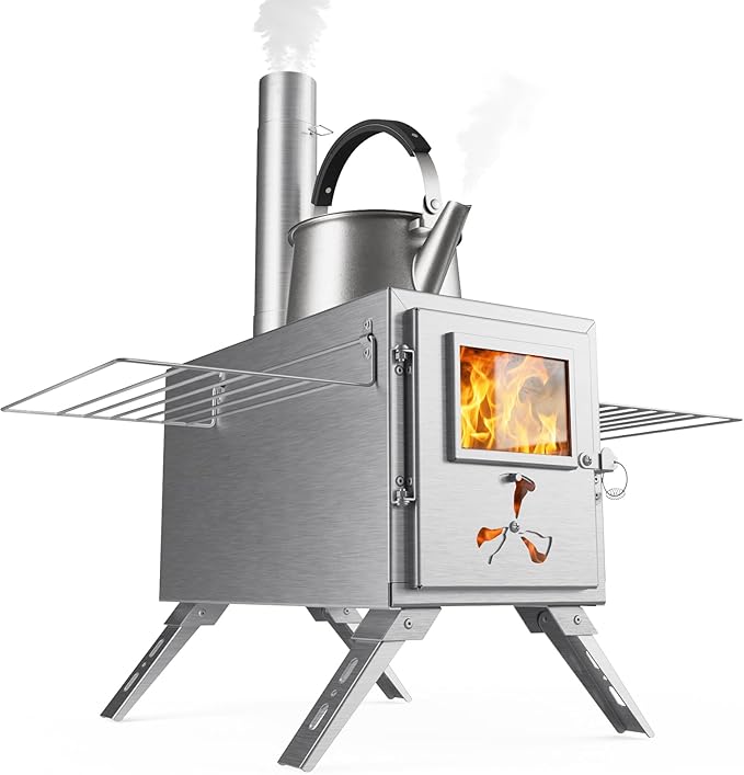 Hot Tent Wood Stove, Portable Wood Burning Stove with 7 Stainless Chimney Pipes, Camping Wood Stove for Outdoor Heating, Cooking, Ice Fishing, Hunting