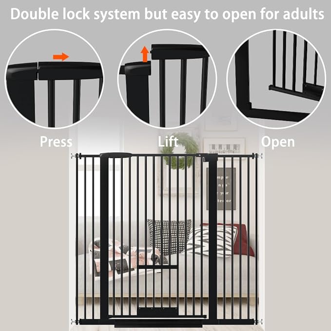 40.55" Tall 1.37" Ultra Narrow Spacing Dogs Pets Baby Gate with Door for Doorway Cat Safety Proof Indoor 73.43"-81.30" Extra Wide Puppy Pressure Mounted No Drill White Black Metal Hallway
