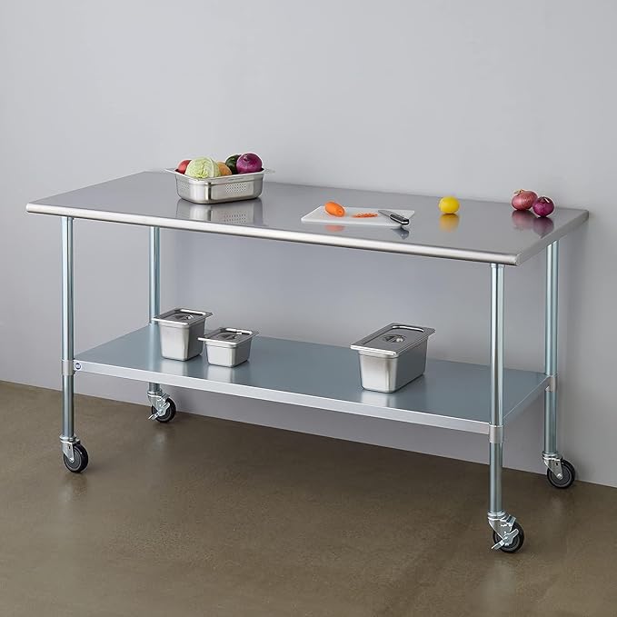 ROCKPOINT Stainless Steel Table for Prep & Work with Caster Wheels 30x72 Inches, NSF Metal Commercial Kitchen Heavy Duty Table with Adjustable Under Shelf and Table Foot for Restaurant, Home and Hotel