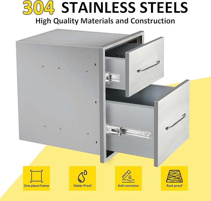 Outdoor Kitchen Drawers 14" W x 21" H x 21" D Flush Mount Double BBQ Drawers with Chrome Handle Stainless Steel Drawer for Outdoor Kitchen Island, Patio Grill Station