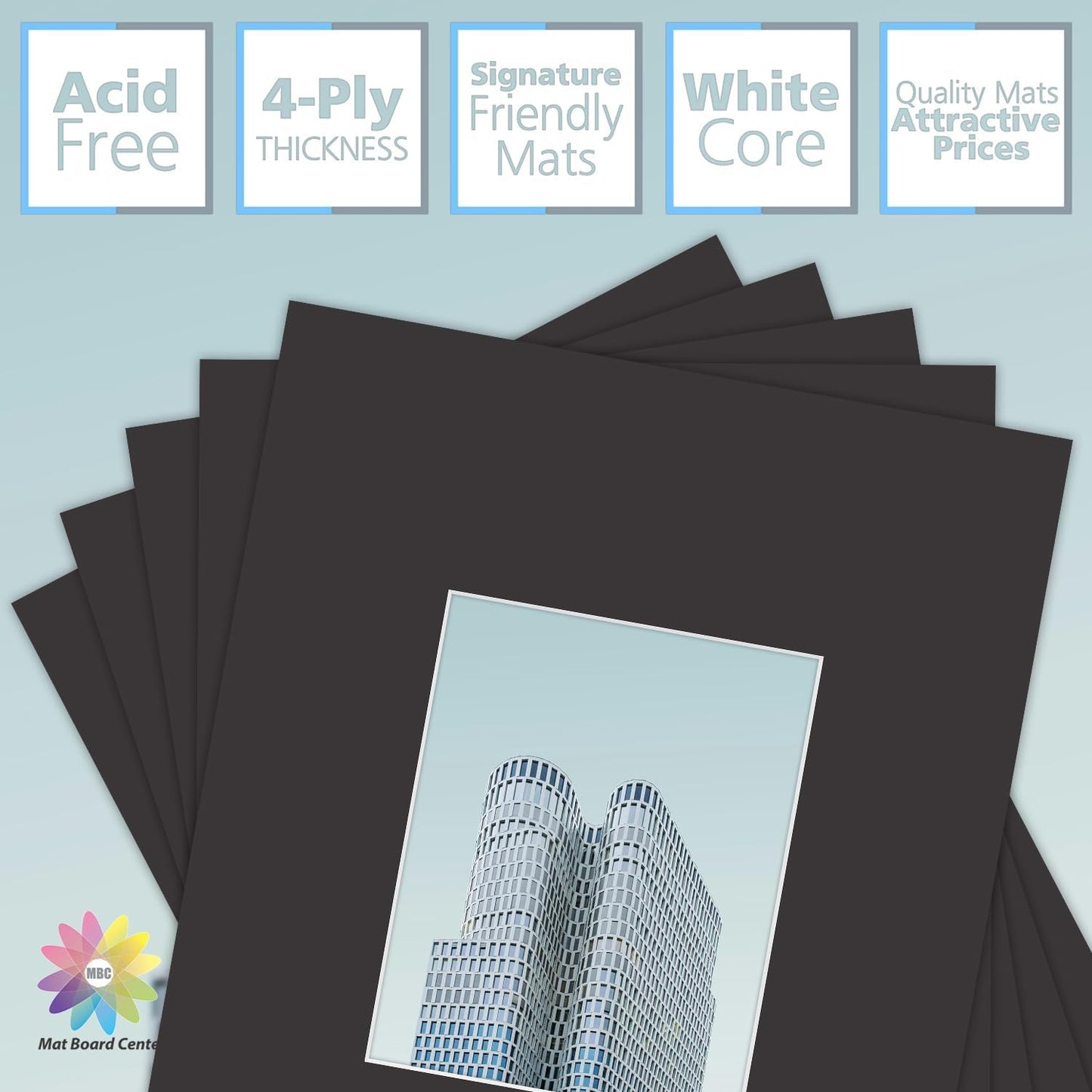 MBC MAT BOARD CENTER, 5 Pack 16x20 for 8x10 Black Picture Mats Frame Mattes, Bevel Cut, Acid Free, 4-ply Thickness