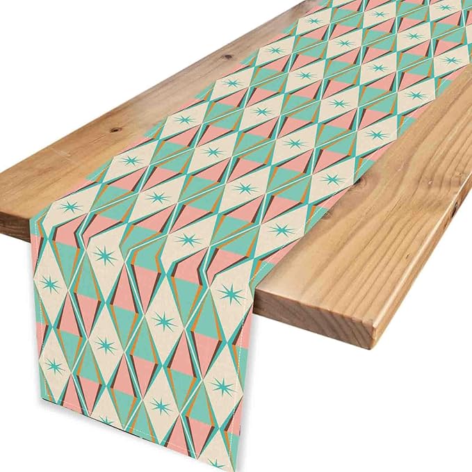 Geometric Table Runner, Retro Mid Century 1950s Modern Abstract Teal Pink Checkboard Coffee Table Center Decor for Home Kitchen Dining Patio Holiday Party Table Decorations, 13"x108" Inch