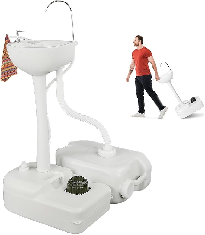 Portable Hand Washing Station, Camping Sink Wash Hand Basin with Wheels, Towel Holder & Soap Dispenser, for Outdoor Events, Gatherings, Garden, Worksite,Washbasin+24Lwatertank