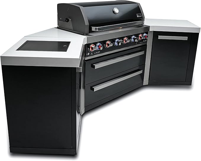 Mont Alpi MAi805-BSS45 44-inch 6-Burner 115000 BTU 45 Degree Black Stainless Steel Gas Outdoor Kitchen Bar Island Grill w/Infrared Side & Rear Burners + Granite Countertops + Storage Drawers