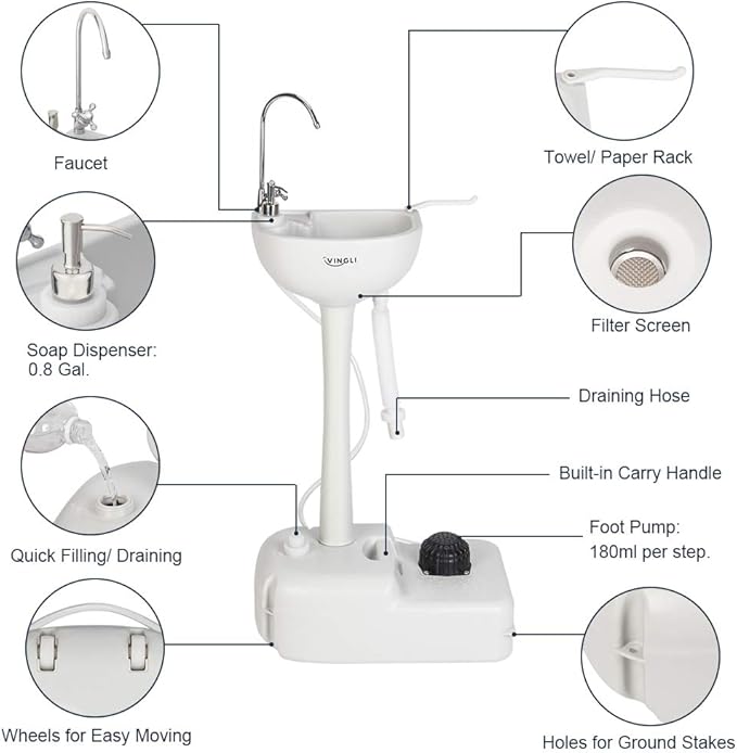 VINGLI Upgraded Portable Sink| Rolling Hand Wash Basin Stand with Towel Holder & Soap Dispenser & Wheels, Perfect for Garden/Camping/Outdoor Events/Gatherings/Worksite/RV/Indoor