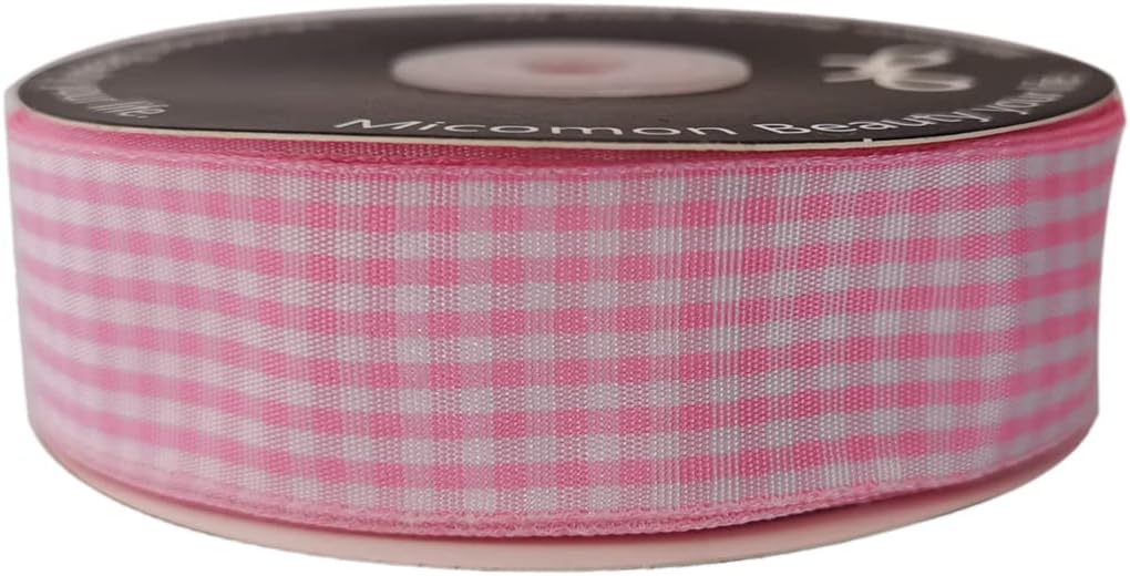 Pink and White Gingham Ribbon - 25 Yards Each Roll - 100% Polyester (1", Pink)