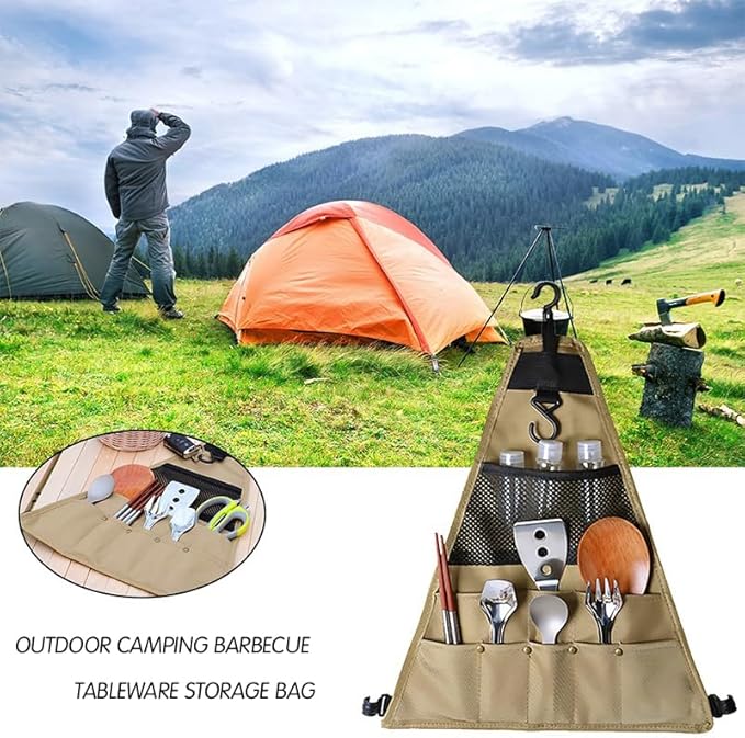 Outdoor Camping Utensil Organizer Bag – Portable Hanging Triangular Storage Pouch for Tableware, Cooking Tools, BBQ Accessories & Picnic Gear