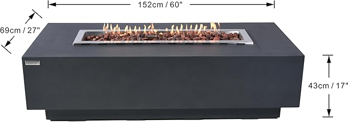 Elementi Granville Fire Pit Bundle Outdoor Firepit Set Includes 60” Dark Grey Propane Concrete Firepit Table, Glass Windscreen, Stainless Steel Cover, Canvas Cover, Floor Mat, Ice Bucket