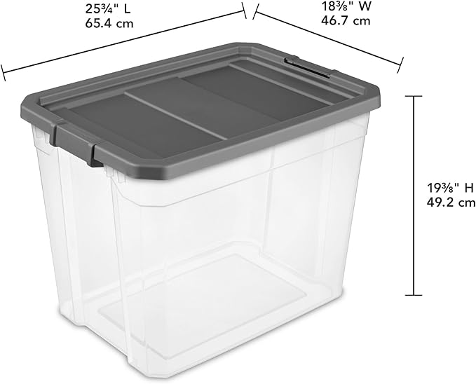 108-Quart Clear Plastic Stackable Storage Tote with Latching Lid, Textured Grip, Flat Grey Lid,Heavy Duty Stackable Storage Bins, – Closet, Bathroom, Office Organizer