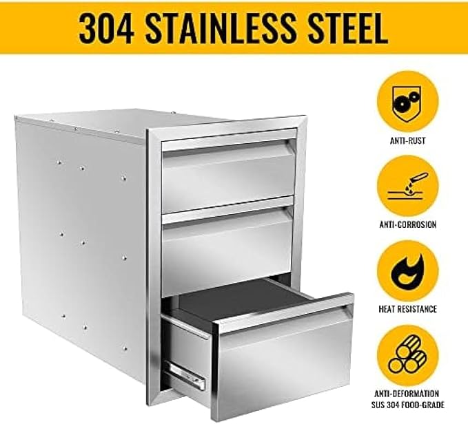 Outdoor Kitchen Drawers, Box Frame Style Flush Mount BBQ Drawer w/Stainless Steel Handle, BBQ Island Drawers For Patio Grill Station,Three Drawers