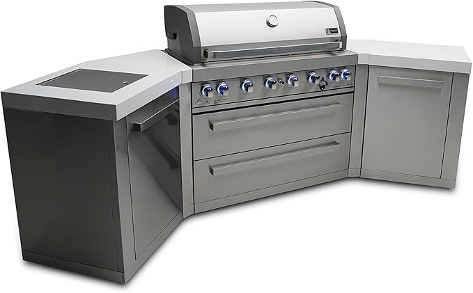 Mont Alpi MAi805-45 44-inch 6-Burner 115000 BTU 45 Degree Stainless Steel Gas Outdoor Kitchen Bar Barbecue Island Grill + Infrared Side & Rear Burners + Granite Countertops + Storage Drawers