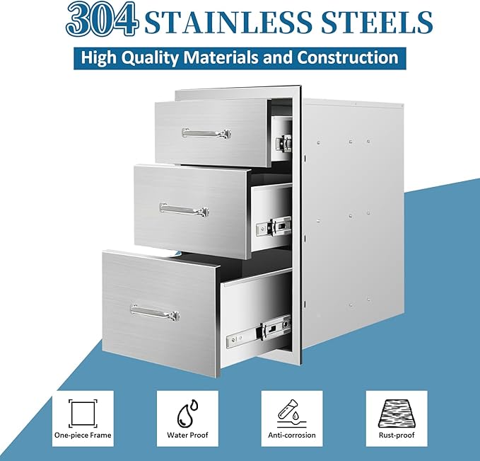 Outdoor Kitchen Drawers 14"Wx21"Hx23"D Flush Mount Access 3-Drawer BBQ Stainless Steel Drawers with Handle for Outdoor Kitchen Island or Grill Station