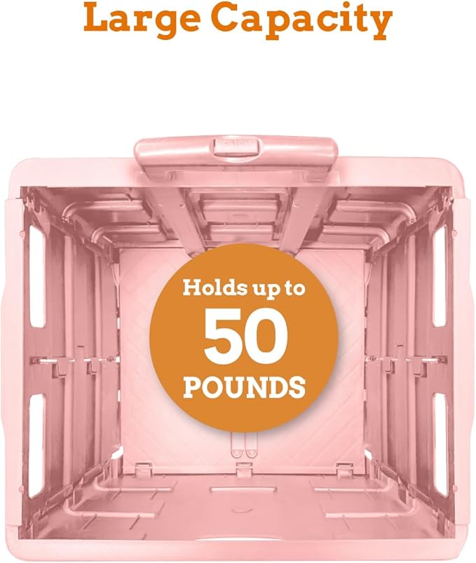 Inspired Living Ultra-Slim Rolling Collapsible Storage Pack-N-Roll Utility-carts, with Telescopic Handle, for Home, Garden, Shopping, Office, School use, Medium, Raspberry Pink