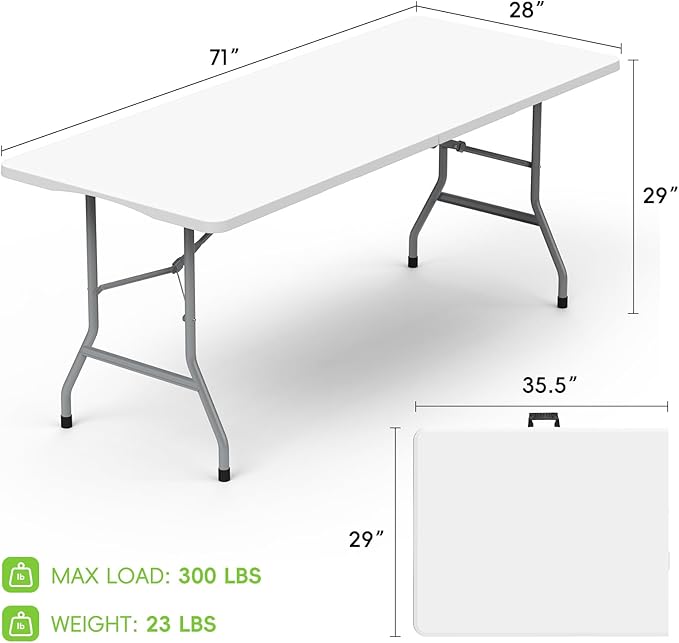 HLPB Folding Table 6ft, Foldable Portable Heavy Duty Plastic Fold-in-Half Utility Table with Handle & Safety Locks, Picnic Table Indoor Outdoor for Camping, Picnic and Party