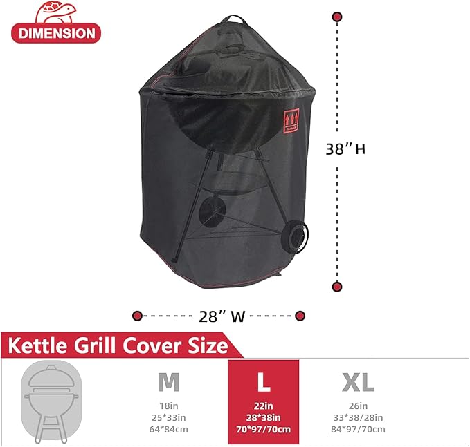 Turtle Life Round BBQ Grill Cover, 22inch Heavy Duty Durable Waterproof Rip Resistant UV Resistant Charcoal Kettle Grill Cover, Dia28 x 38" H, Black