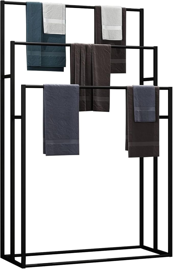 3 Tier Standing Towel Rack - Extra Wide Large Bathroom Towel Stand, Heavy-Duty Metal Towel Drying Rack for Poolside (Matte Black)