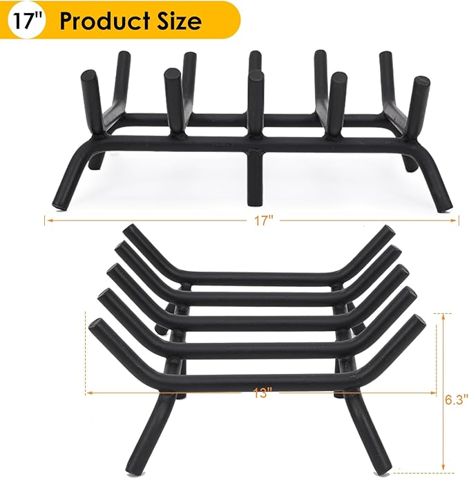 STBoo Fireplace Grate 17inch Heavy Duty - Fireplace Log Holder | Fire Place Grate Cast Iron | Wood Stove Wrought Rack | Firewood Log Fire Pit Tray for Indoor & Outdoor Kindling Tool Camping Cooking