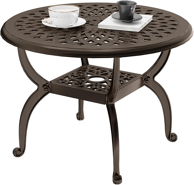 Cast Aluminum Outdoor Side Table, All Weather Round Bistro Table, Outdoor Coffee Table, Small End Table for Patio, Indoor, Lawn, Garden, Bronze