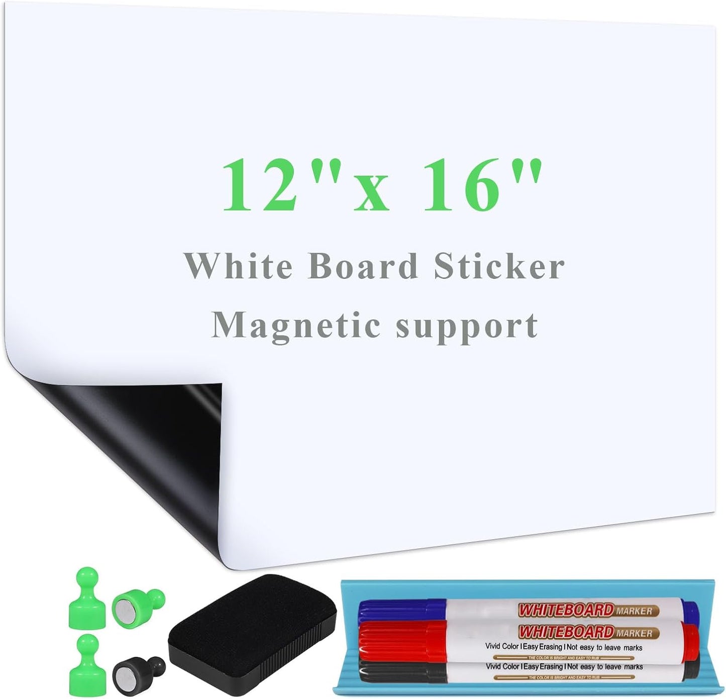 White Board Sticker Adhesive Backing, 12" x 16" Magnetic Dry Erase Board Contact Paper Stick on Wall, Whiteboard Sheet for Teacher Kids Classroom, Include Markers, Eraser with Magnet