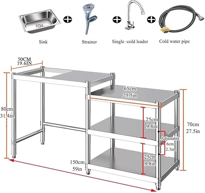 Free Standing Utility Sink, Stainless Steel Kitchen Baker Rack Shelf, Single Bowl Washing Hand Basin Station with Workbench, Fish Cleaning Table &Storage Shelves for Laundry Room, Garage,Outdoor