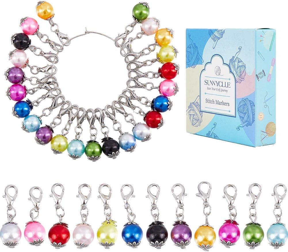 SUNNYCLUE 1 Box 24Pcs Crochet Stitch Markers Knitting Markers Pearl Knitting Markers Charms Metal Pearl Leverback Knitting Charms for Knitting Weaving Sewing Needleworks Women Adults DIY Crafts