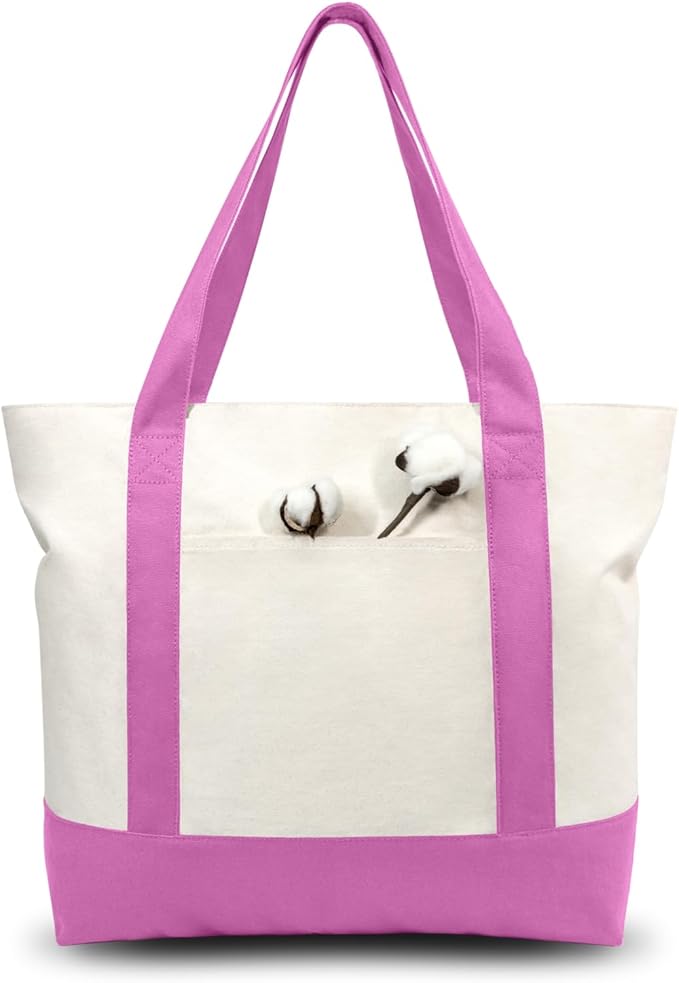 TOPDesign 1-Pack Canvas Tote Bag with an External Pocket, Reusable Grocery Shopping Bag, Top Zipper Closure, Daily Essentials (Light Purple/Natural)