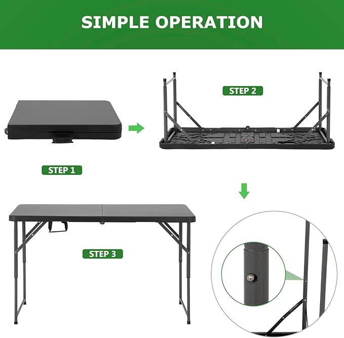 BestOffice 4 FT Picnic Table Folding Table Camping Plastic Table Fold Up Table Lock for Party Event, Black