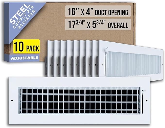 [10 Pack] Fits 16x4 Duct Opening Steel Adjustable Air Supply Grille by Handua | Register Vent Cover Grill for Sidewall and Ceiling | White | Out. Dim.: 17.75" X 5.75"